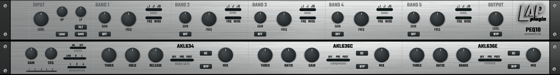 LAP PEQ15 — 19-inch 2U rack panel: five-band parametric EQ on the top row, input stage, noise gate AKL634, compressor AKL636C and expander AKL636E on the bottom row