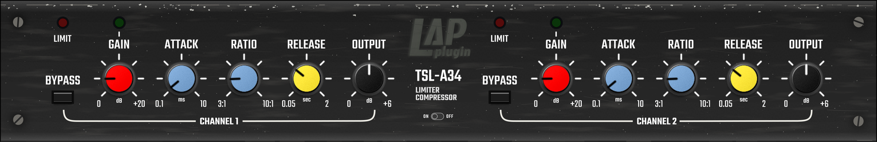 LAP TSL-A34 — two-channel rack panel: LIMIT and GAIN LEDs, GAIN, ATTACK, RATIO, RELEASE and OUTPUT knobs, BYPASS per channel, LINK switch